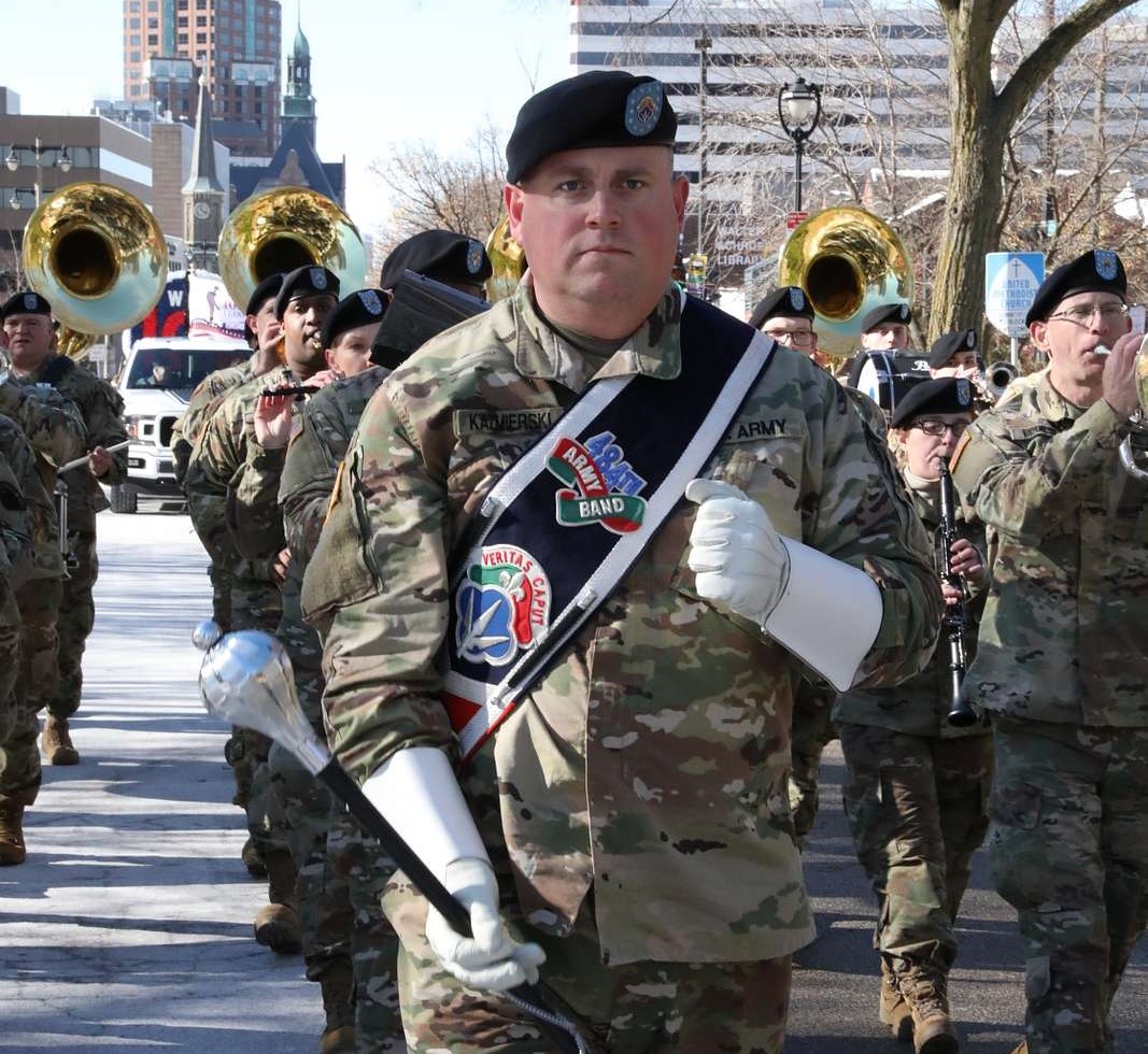 staff-sergeant-jeff-kazmierski-484th-army-band-leads-58cca4 (1) Staff Sergeant Jeff Kazmierski, 484th Army Band, leads a former Vets Day Parade; image for a Veterans Day 2022 blog post
