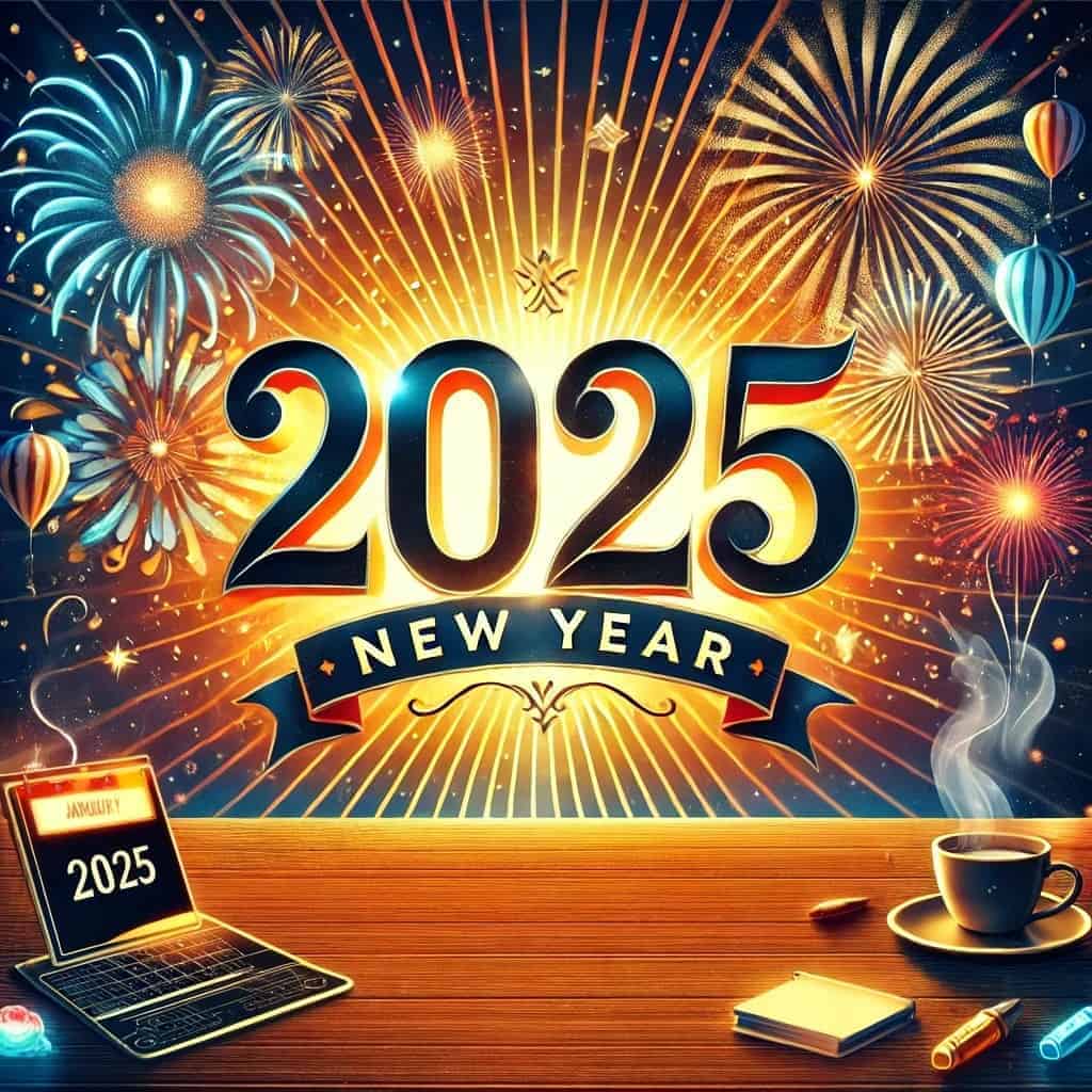 New Year 2025 Image DALL·E 2024-12-19 16.09.11 – A vibrant and inspiring featured image for a New Year 2025 blog post. The image includes a large ‘2025’ in bold, modern typography surrounded by firew A vibrant and inspiring featured image for a New Year 2025 blog post. The image includes a large New Year 2025 display in bold modern typography surrounded by fireworks, as viewed from a deskpt with a computer tablet and a cup of coffee.