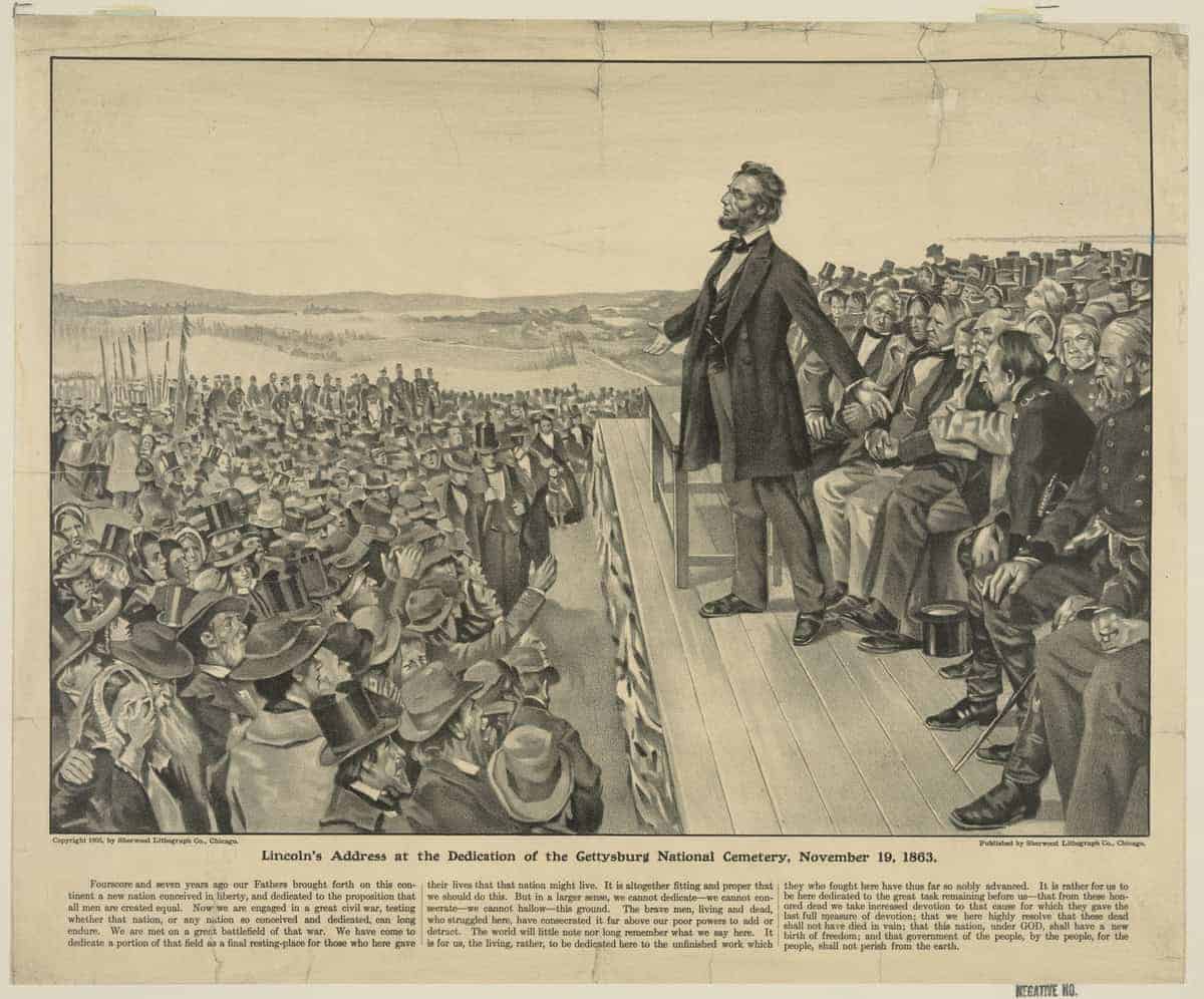 Image of President Lincoln delivering the Gettysburg address for a blog post honoring those who gave their "last full measure of devotion" for Memorial Day 2025
