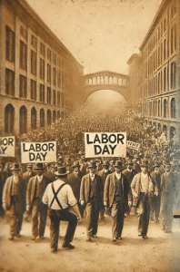 Past Labor Days. Happy Labor Day 2025! Image created by OnYourMark.com using DALL-E with modifications in Canva.com